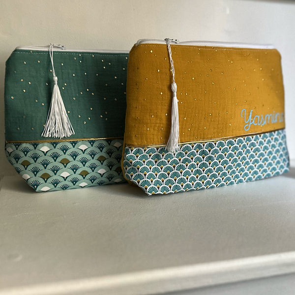 Maxi trousse de toilette DOUBLE GAZE VERT EMERAUDE+ EVENTAIL