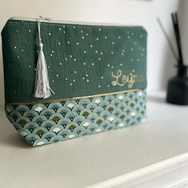 Maxi trousse de toilette DOUBLE GAZE VERT EMERAUDE+ EVENTAIL