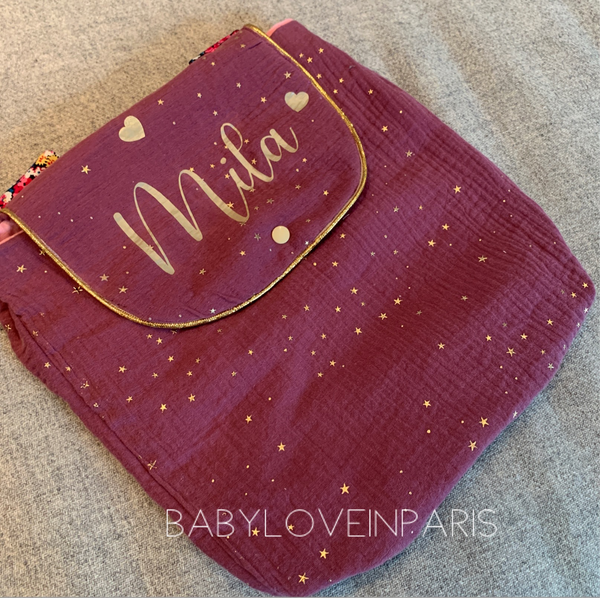 Produit puériculture | Magasin bébé Versailles | Magasin puériculture Versailles | Sac à dos ou cartable d'école (ou crèche) pour enfant et bébé avec nom personnalisé fait main en France (madeinfrance) par BabyloveinParis / Baby love in Paris modèle double gaze