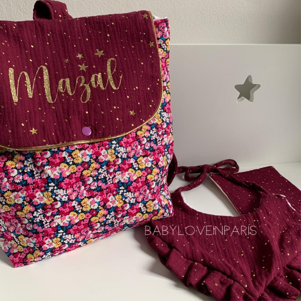 Produit puériculture | Magasin bébé Versailles | Magasin puériculture Versailles | Sac à dos ou cartable d'école (ou crèche) pour enfant et bébé avec nom personnalisé fait main en France (madeinfrance) par BabyloveinParis / Baby love in Paris modèle flower power double gaze