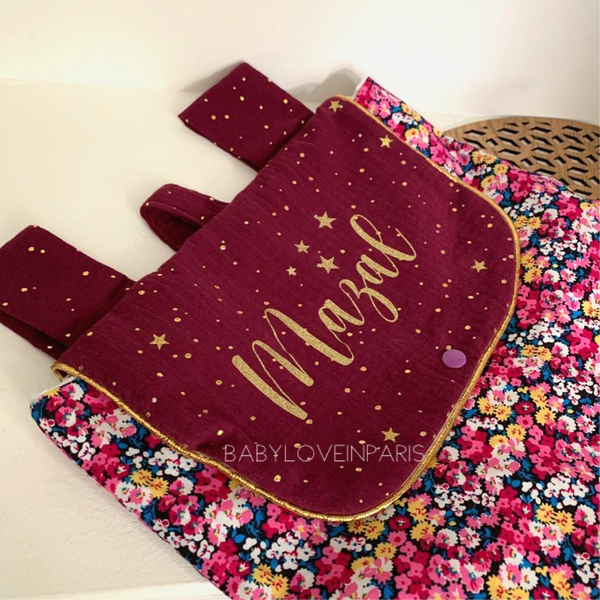 Produit puériculture | Magasin bébé Versailles | Magasin puériculture Versailles | Sac à dos ou cartable d'école (ou crèche) pour enfant et bébé avec nom personnalisé fait main en France (madeinfrance) par BabyloveinParis / Baby love in Paris modèle flower power double gaze