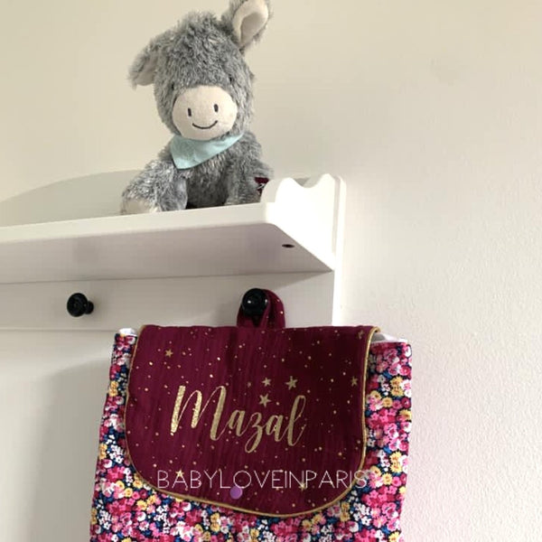 Produit puériculture | Magasin bébé Versailles | Magasin puériculture Versailles | Sac à dos ou cartable d'école (ou crèche) pour enfant et bébé avec nom personnalisé fait main en France (madeinfrance) par BabyloveinParis / Baby love in Paris modèle flower power double gaze